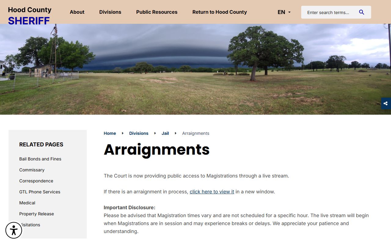 Hood County inmate population arraignment livestream notice