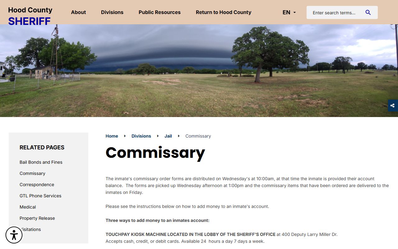 Hood County Jail commissary and TouchPay inmate funds information