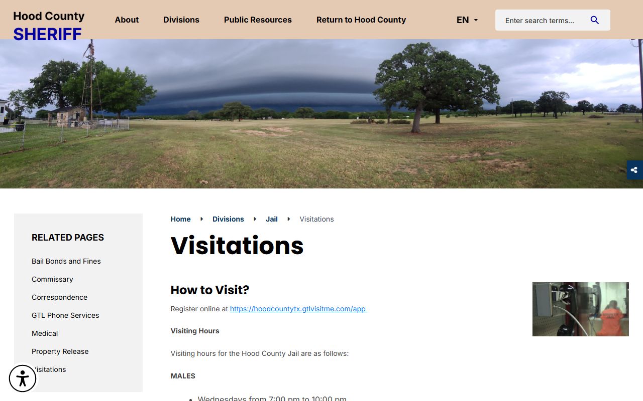 Hood County Jail visitation schedule for inmate visits